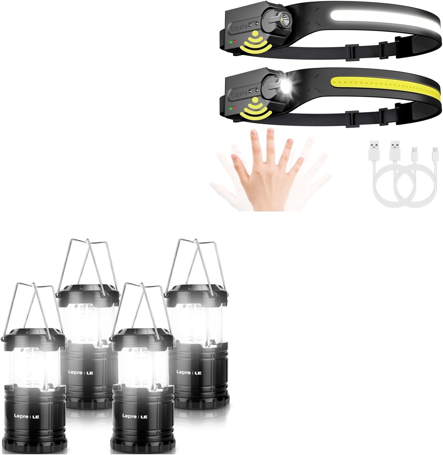 Lepro Bundle - 4 LED Camping Lanterns and Headlamp with Motion Sensor
