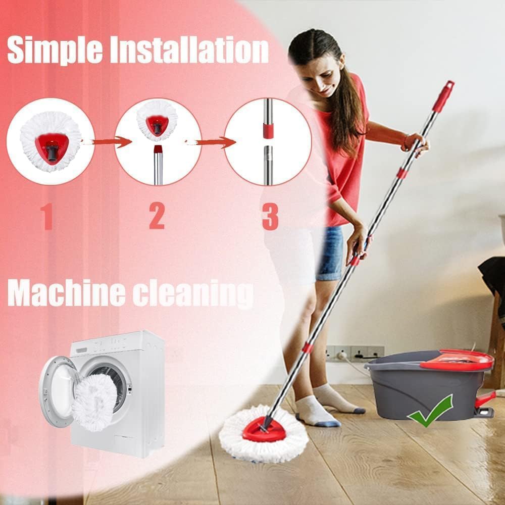 ANREKEYH Spin Mop 1-Tank System Replacement Heads 4 Mop Bristles Handle Set