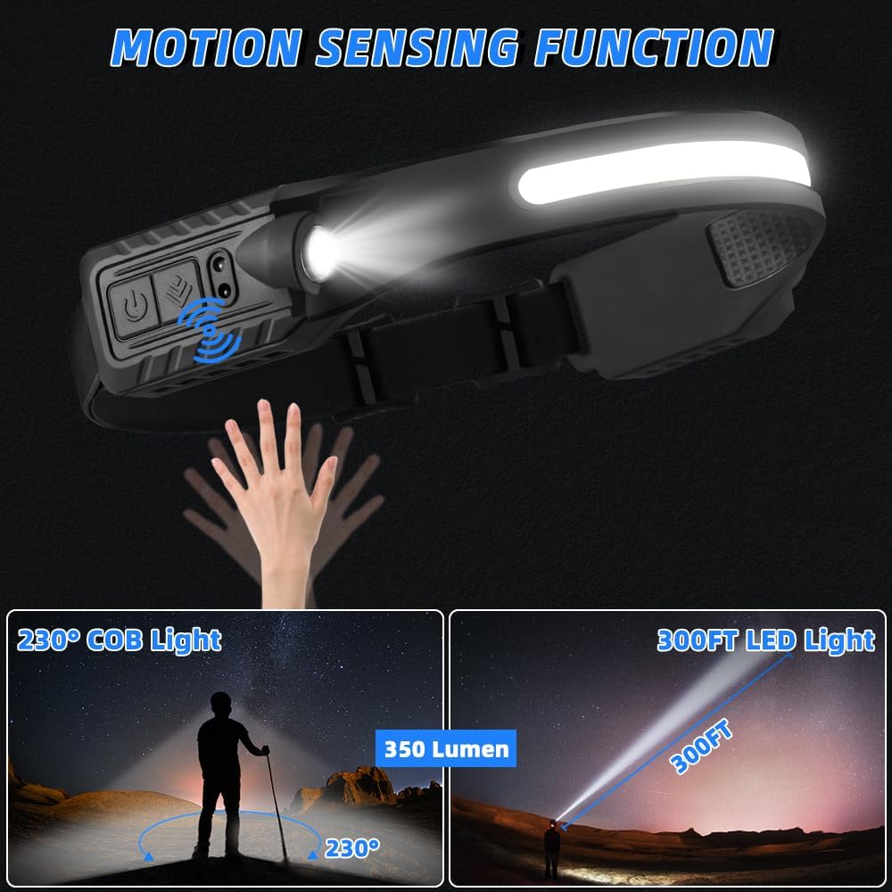 UUYEE 3 Pack Rechargeable Headlamps with Motion Sensor and 5 Modes