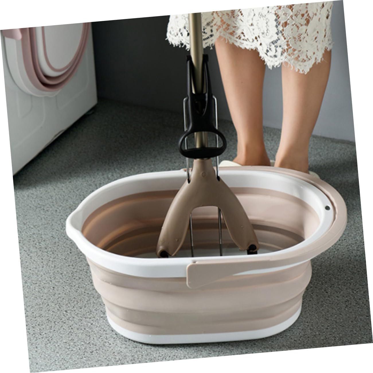 Beige Foldable Plastic Mop Bucket for Efficient Mopping
