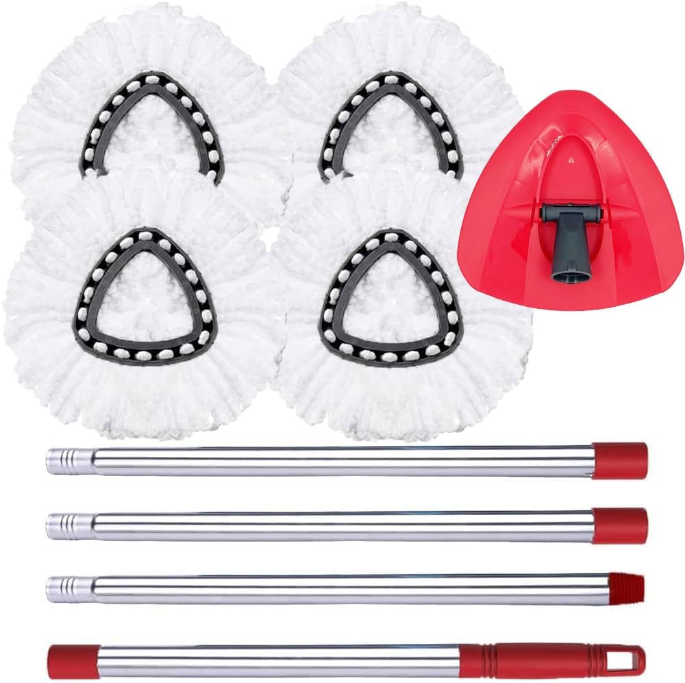 ANREKEYH Spin Mop 1-Tank System Replacement Heads 4 Mop Bristles Handle Set