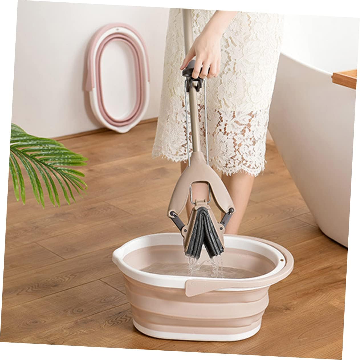 Beige Foldable Plastic Mop Bucket for Efficient Mopping