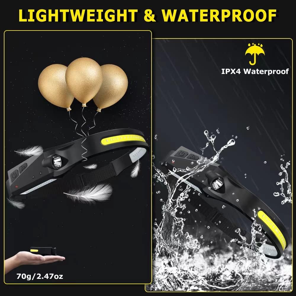 WopkDupk 3PCS Rechargeable Headlamp with 230 Wide Beam and Motion Sensor