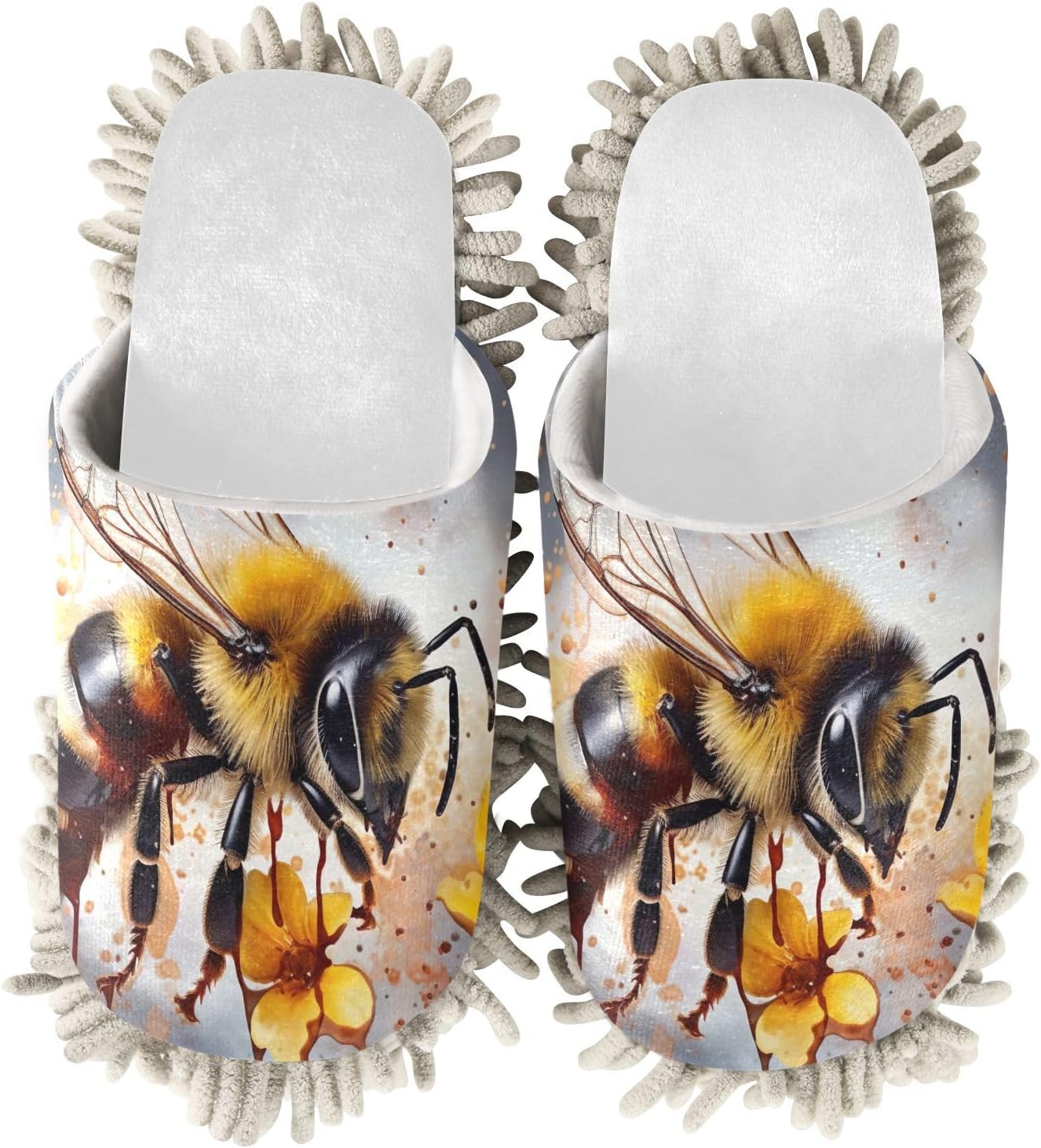 White Bee Yellow Flowers Mop Slippers for Women