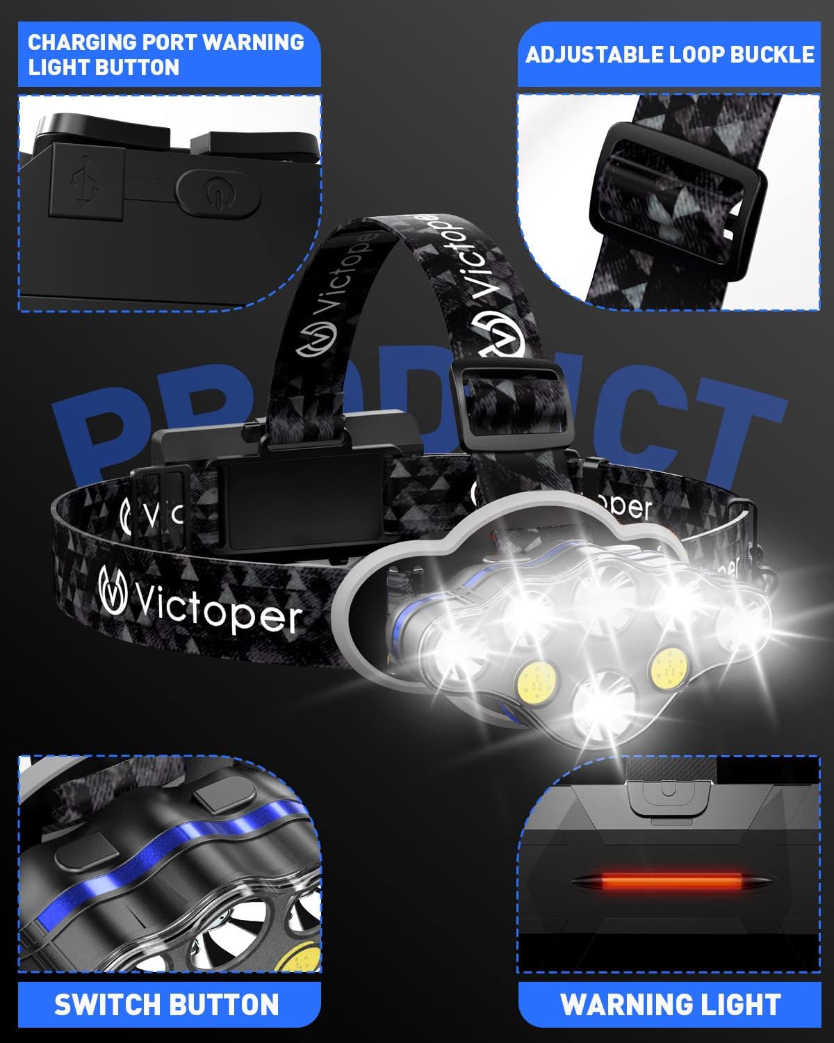 Victoper 8 LED Headlamp 18000 Lumen Waterproof Outdoor Light