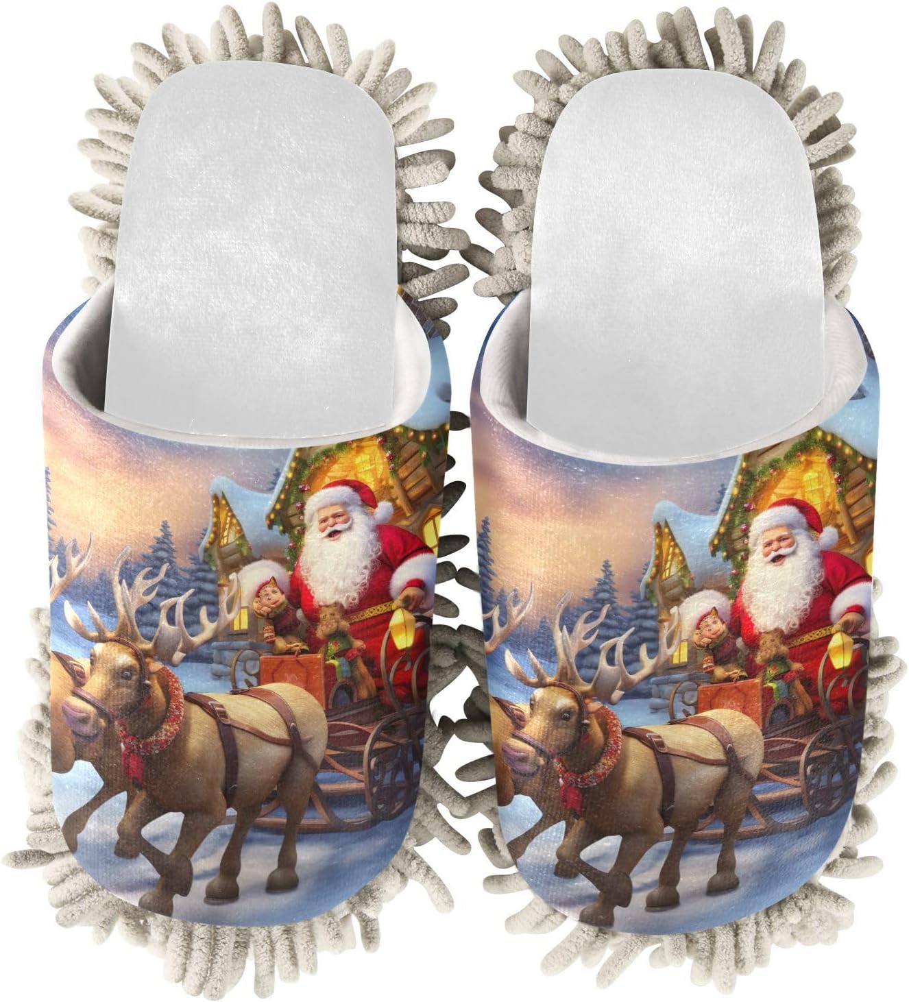 White Christmas Santa Riding Reindeers Mop Slippers for Home Kitchen
