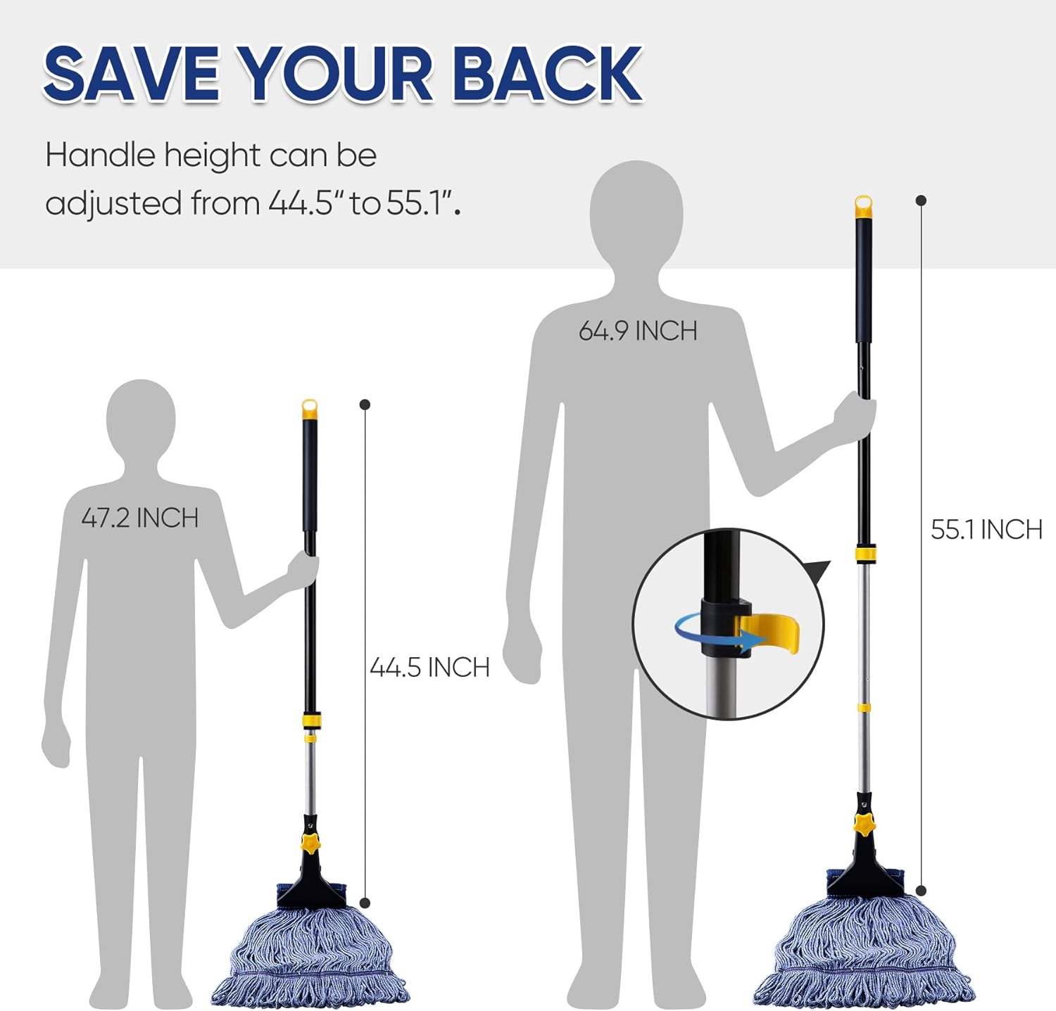 Yocada Looped-End String Wet Mop Heavy-Duty Telescoping Replacement Heads Included