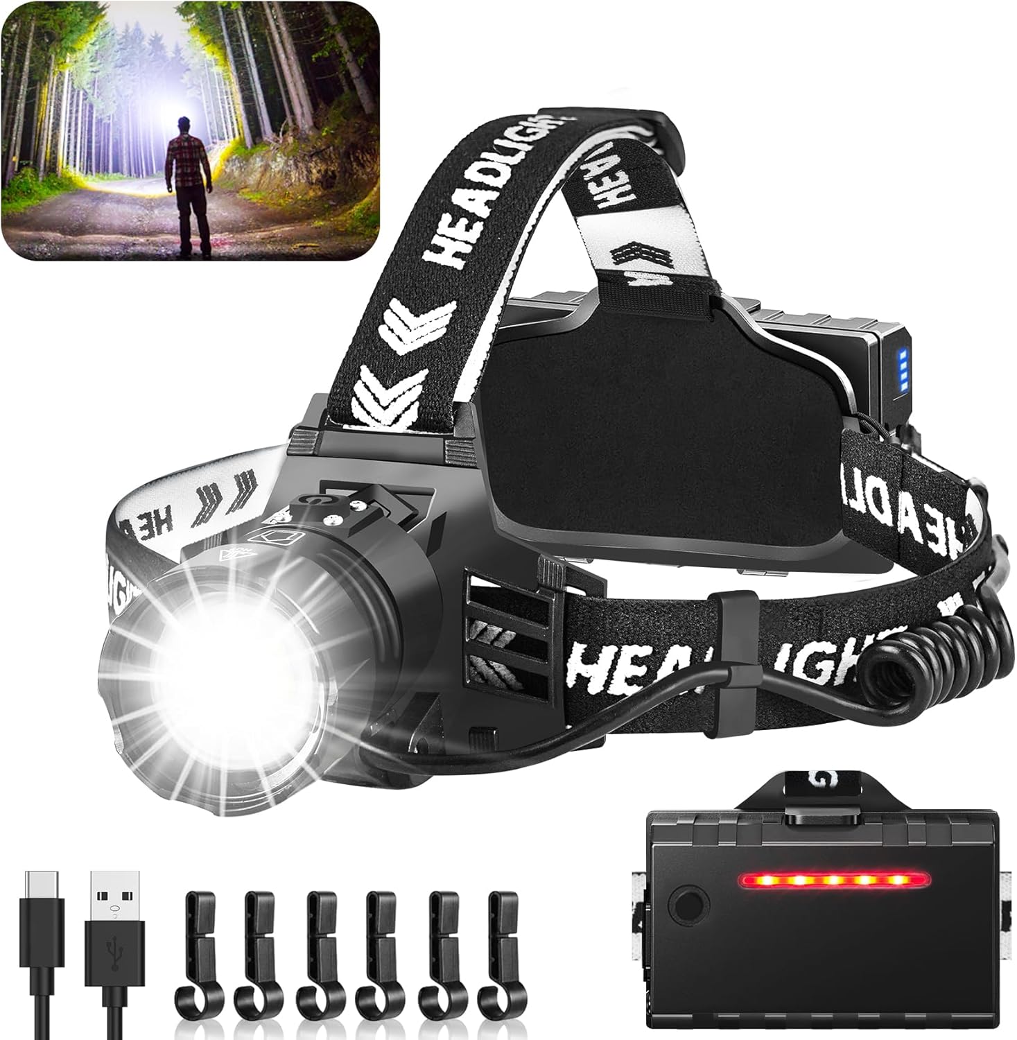 990000 Lumens Rechargeable Headlamp Adjustable Waterproof