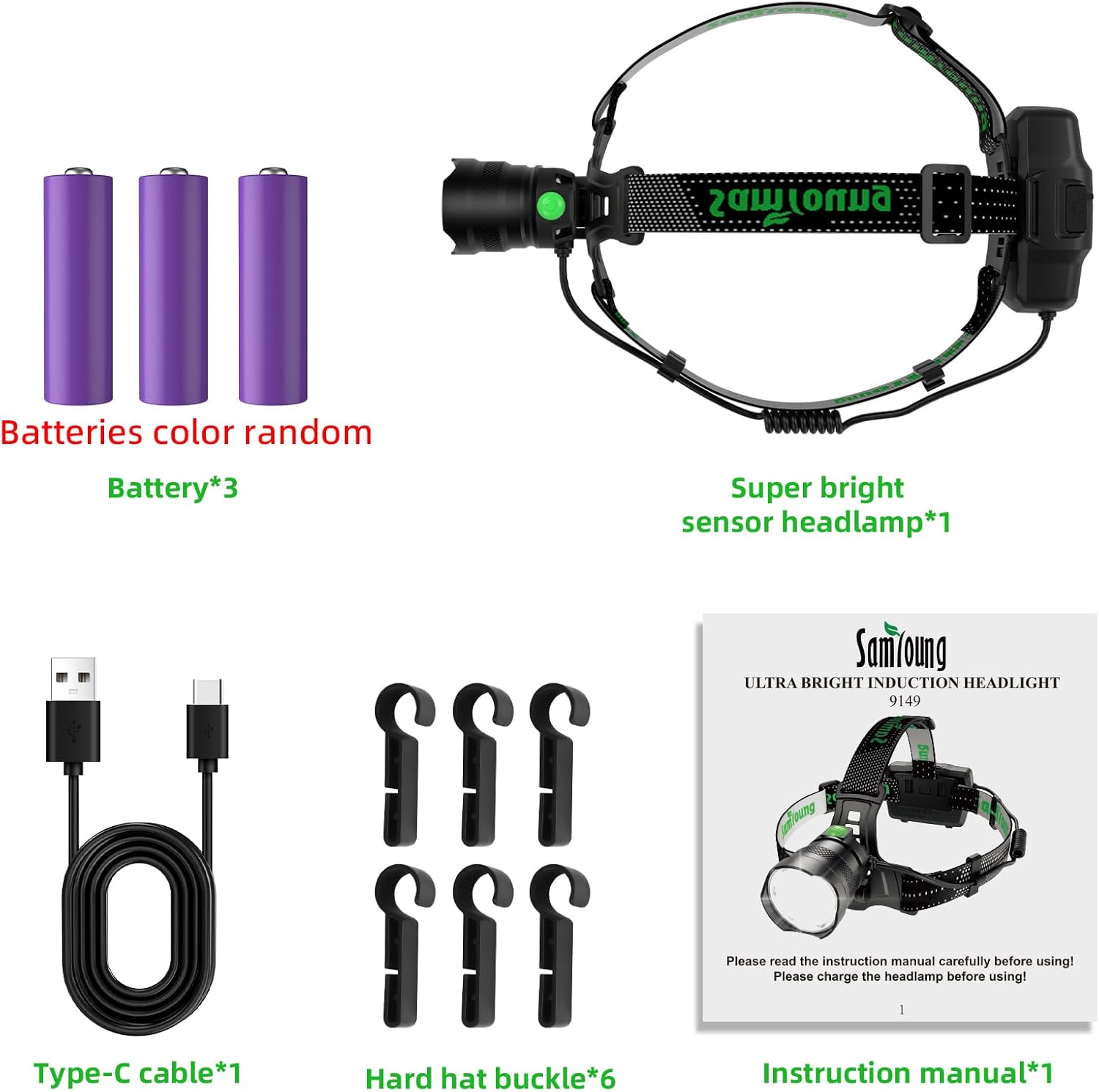 100000 LM LED Headlamp 7 Modes IP67 Waterproof 50h Battery Life 90 Adjustable