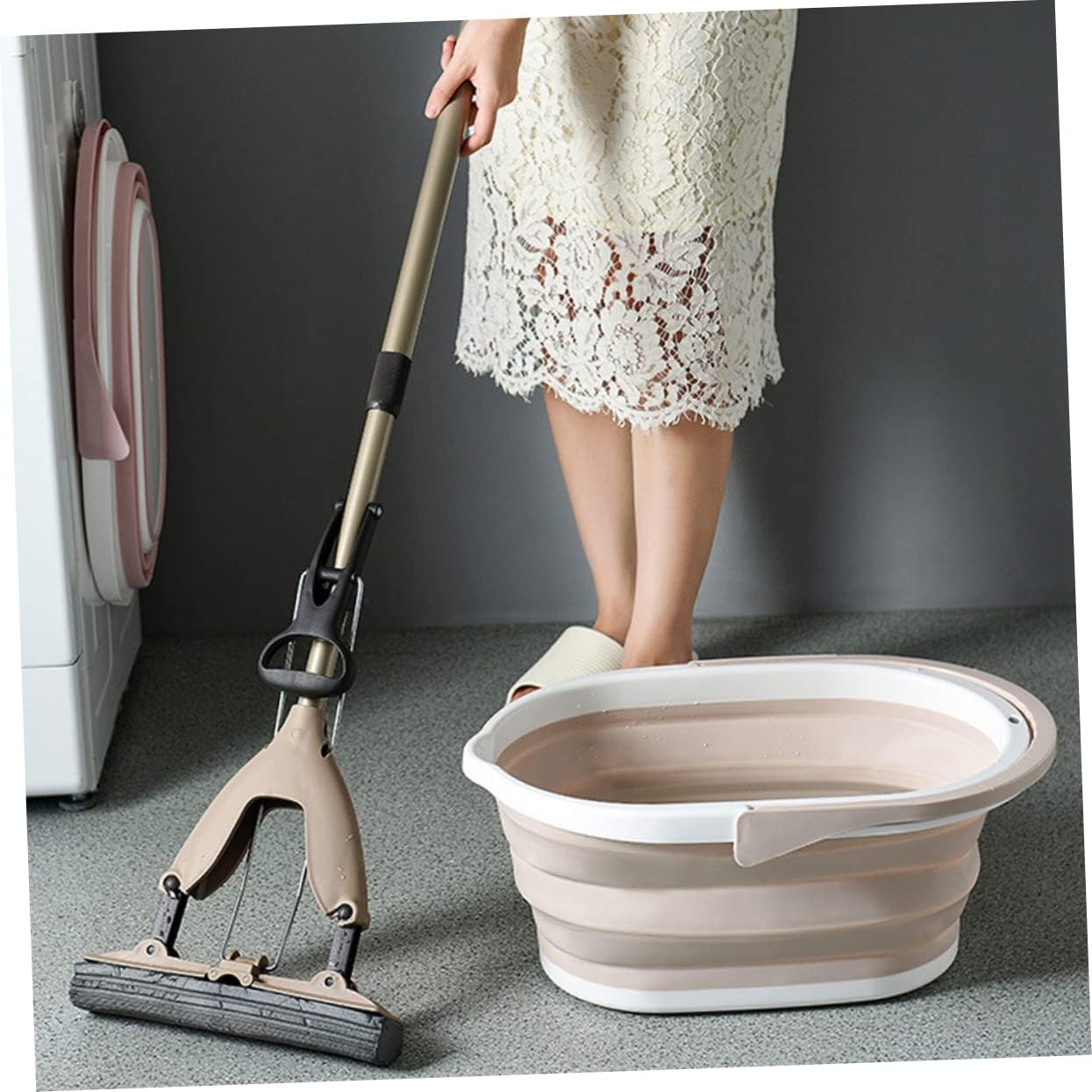 Beige Foldable Plastic Mop Bucket for Efficient Mopping