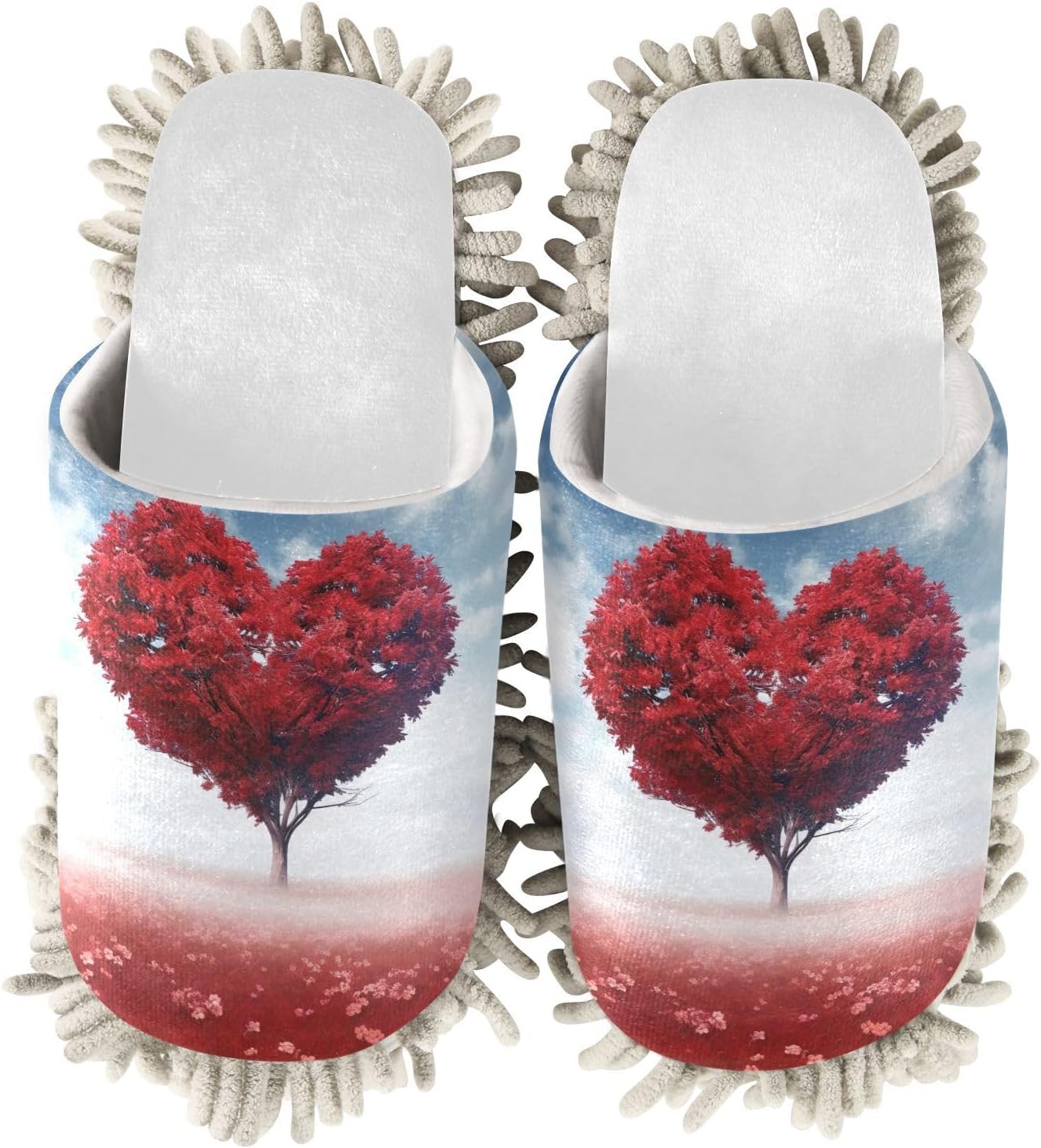White Valentines Red Heart Tree Mop Slippers