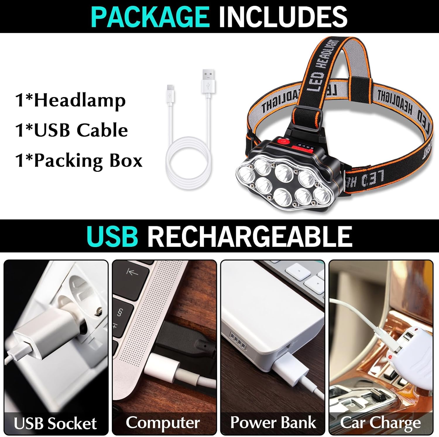 DAWINSIE 8 LED Rechargeable Headlamp Waterproof 4 Lighting Modes Adjustable Hiking-friendly