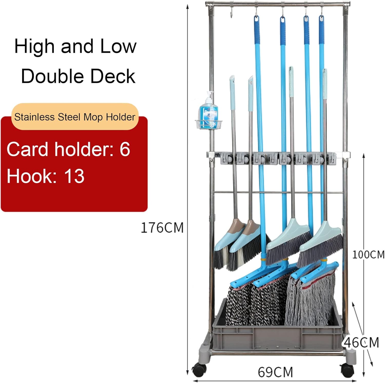Stainless Steel Movable Commercial Mop Rack with Pulley Durable House Cleaning Tool