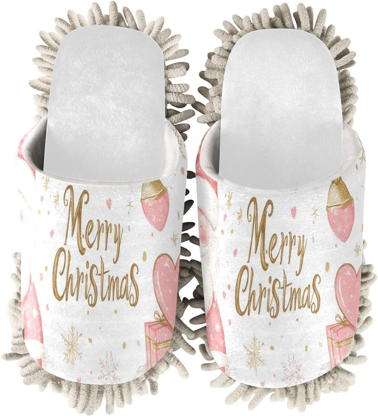 White Christmas Pink Snowflake Santa Mop Slippers