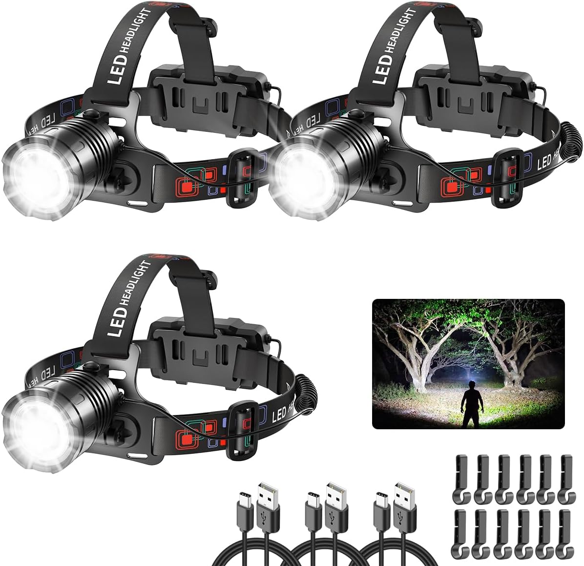 3-Piece Rechargeable Headlamp Bright Durable