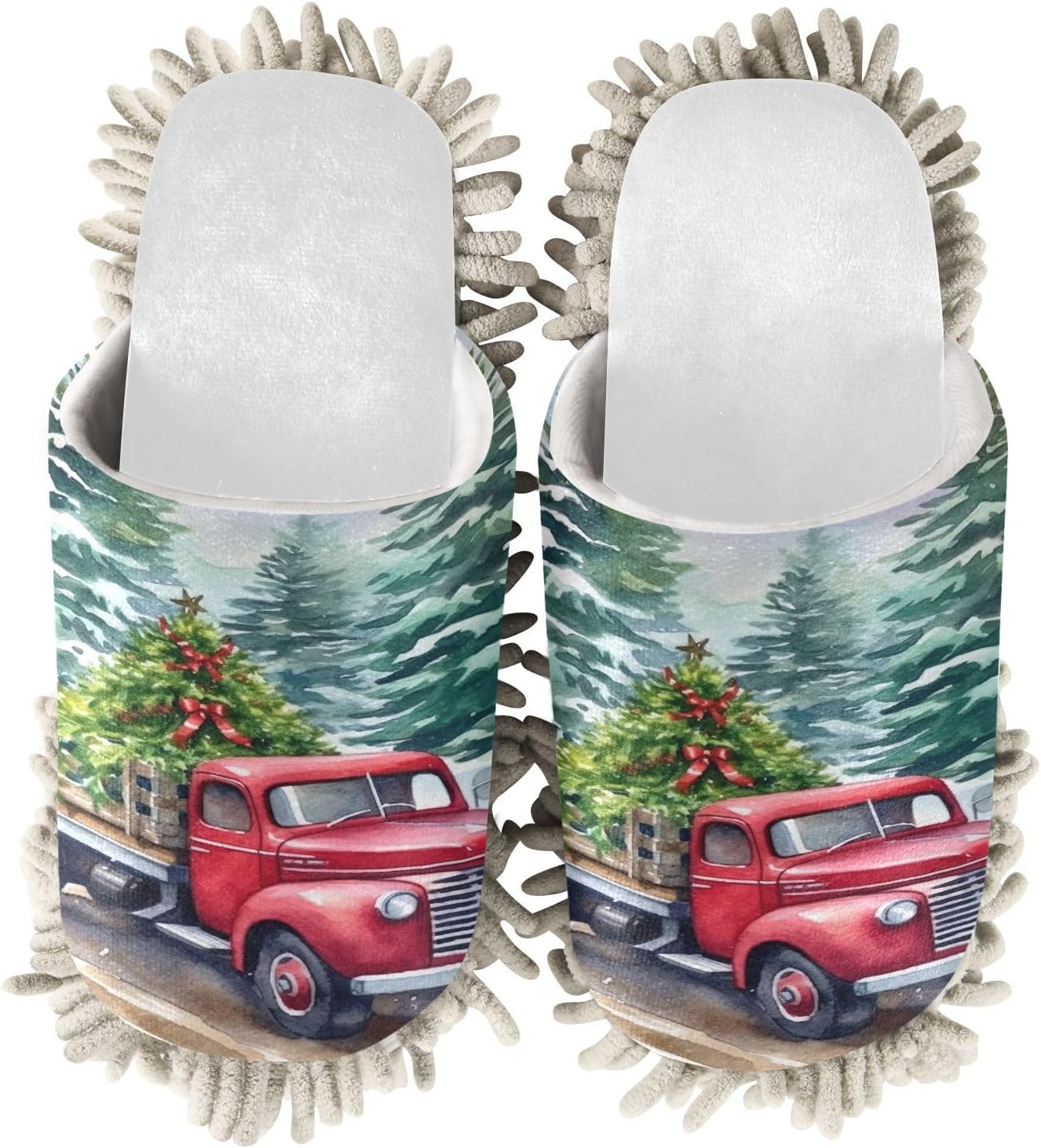 White Christmas Truck Tree Mop Slippers - Soft Hypoallergenic Easy to Clean