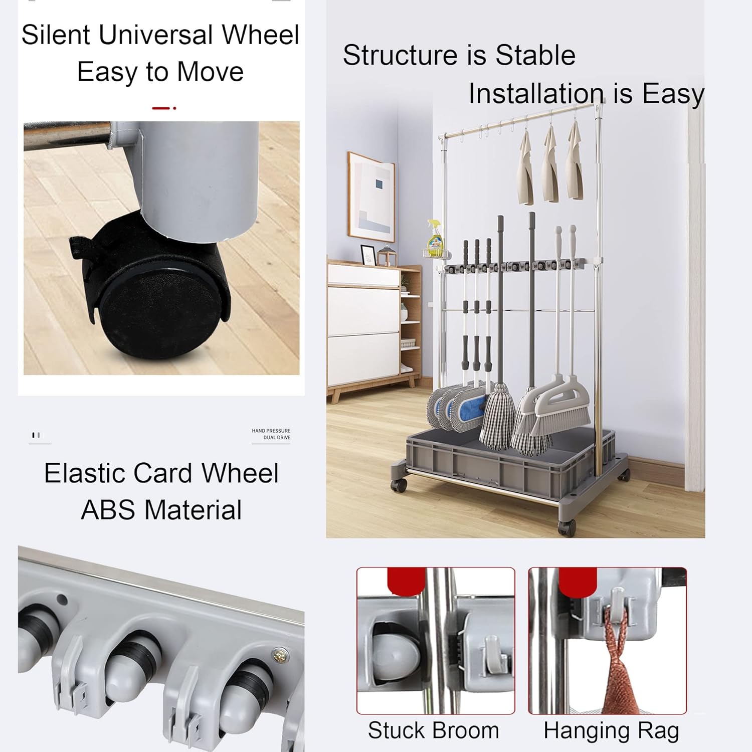 Stainless Steel Movable Commercial Mop Rack with Pulley Durable House Cleaning Tool