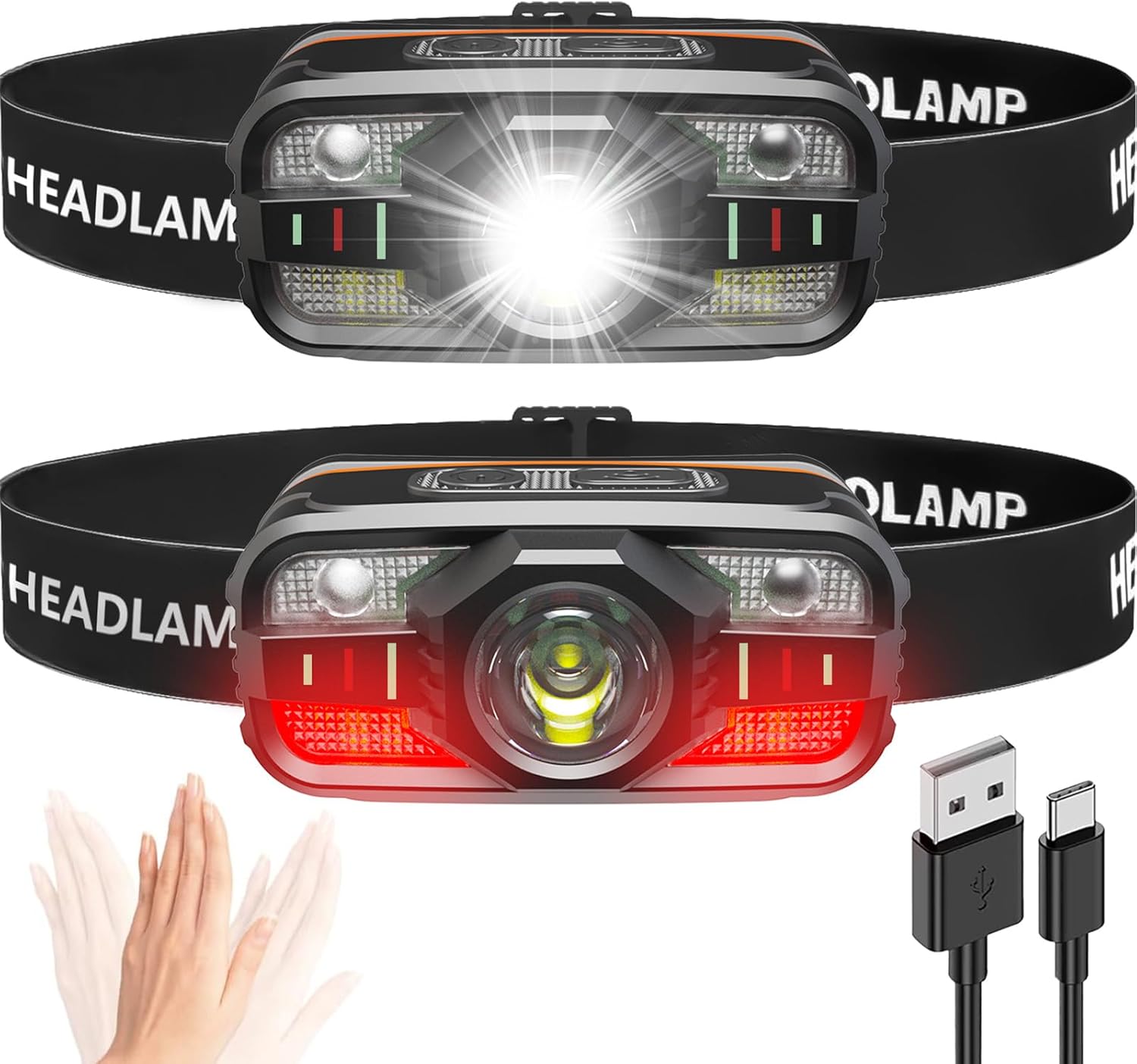 ASORT 2-Pack Headlamp 2000 Lumen Motion sensor Water Resistant