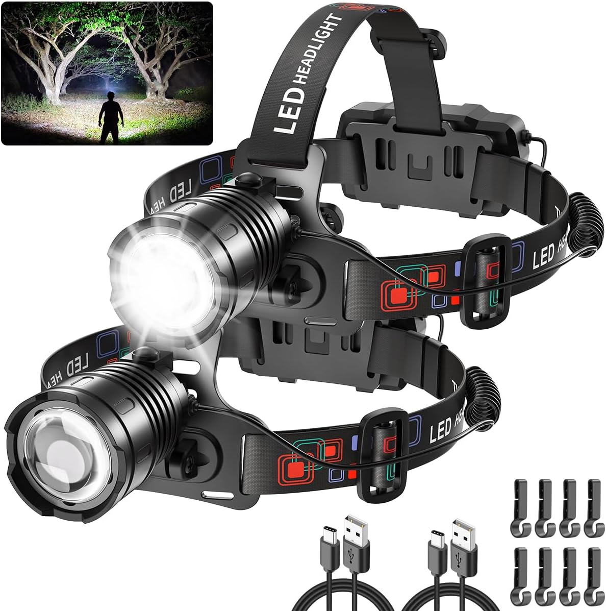 Rechargeable LED Headlamp 2-Pack for Adults