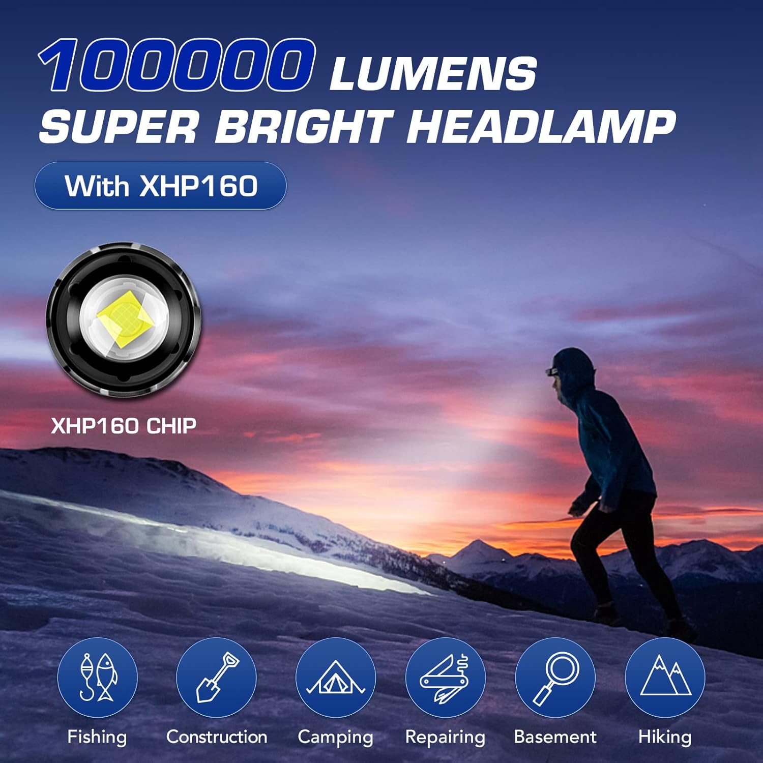 BROVAVE Rechargeable Headlamp 100000 Lumens Red Safety Lights 4 Modes IPX6 Waterproof