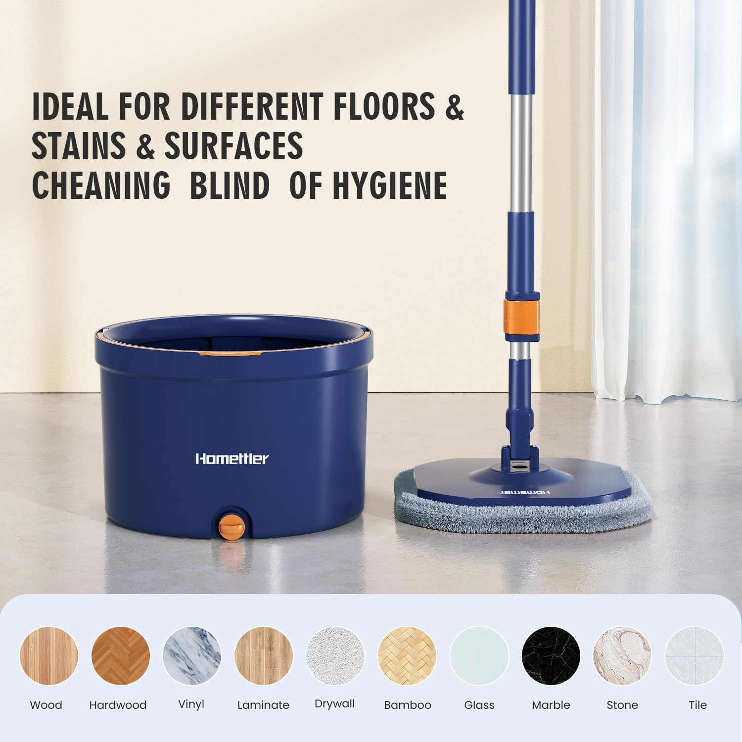 HoMettler Spin Mop Bucket Set with 2 Microfiber Pads and Self Wringing System