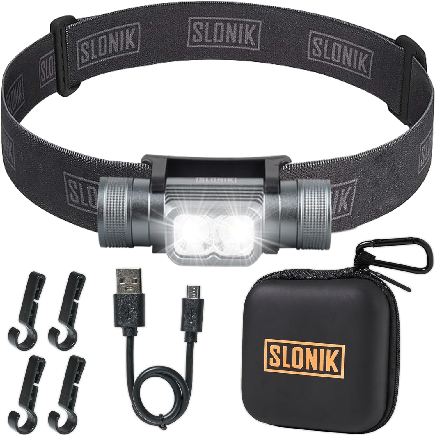 SLONIK 1000 Lumen Rechargeable Headlamp - 60 ft Beam IPX4 Waterproof Black