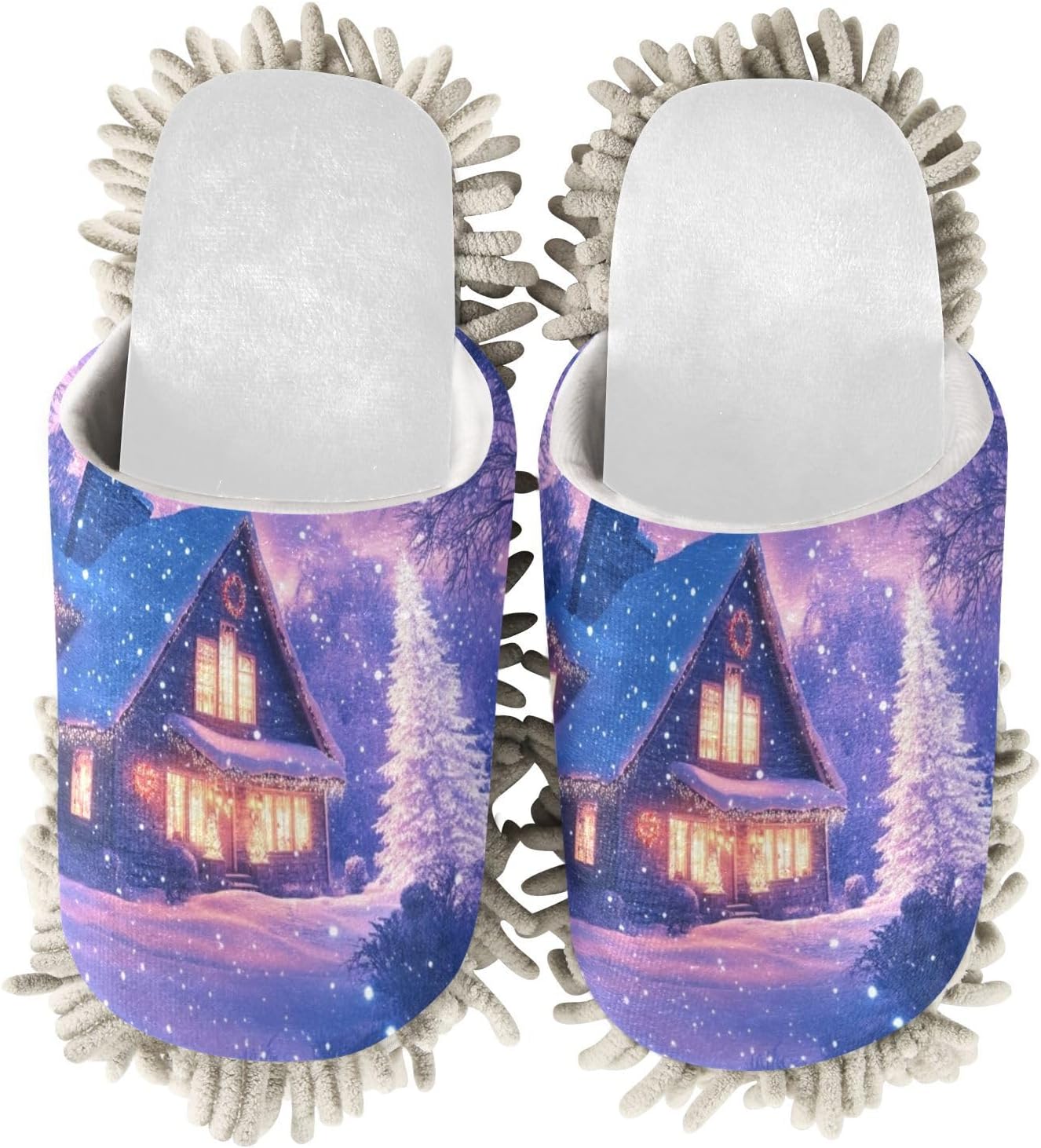 White Christmas Snowy Night House Mop Slippers for Women Men