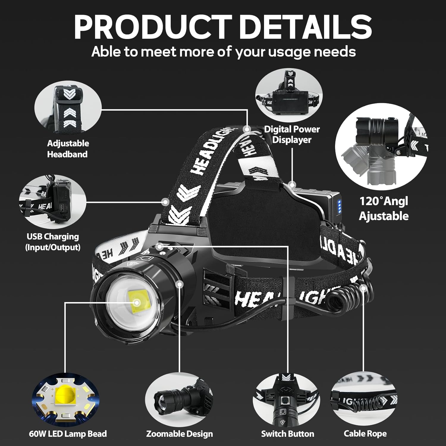 990000 Lumens Rechargeable Headlamp Adjustable Waterproof