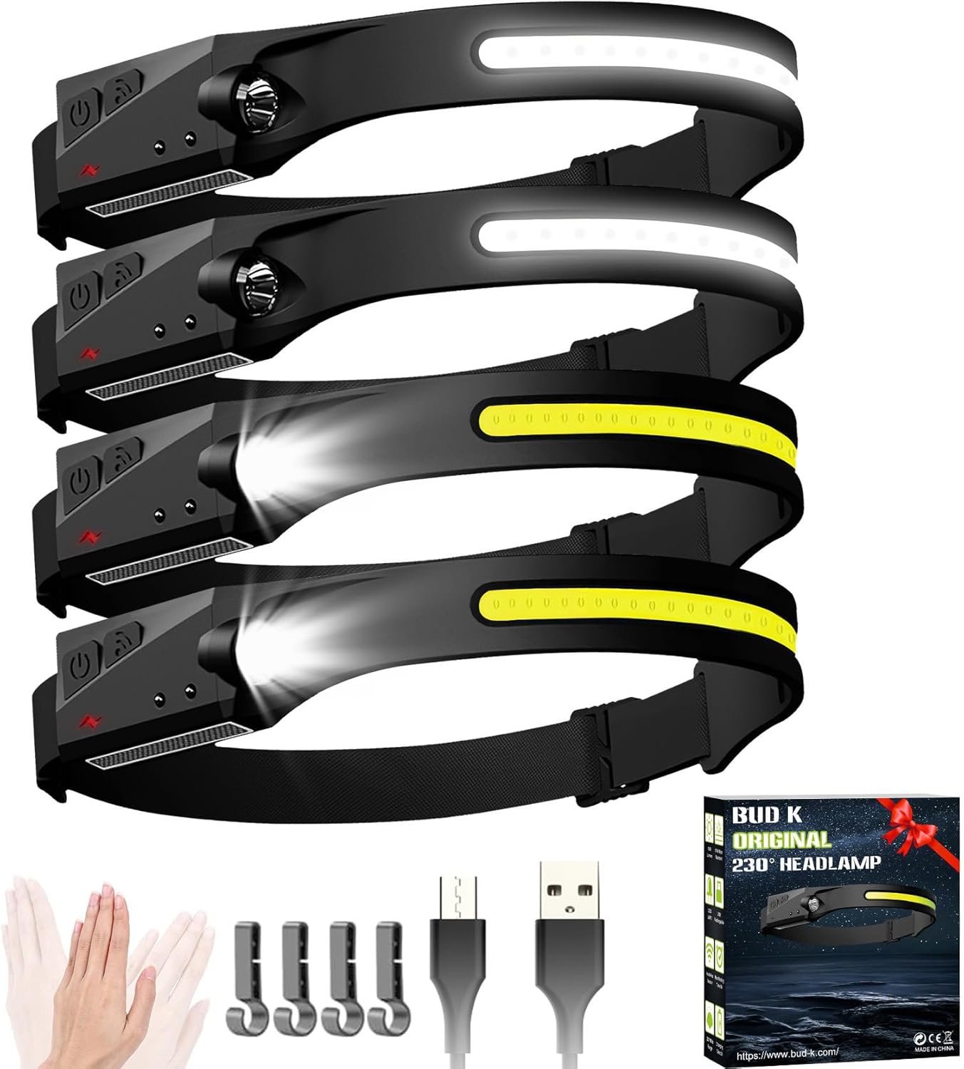 Bright Rechargeable Headlamp 4-Pack for Camping Hiking Survival