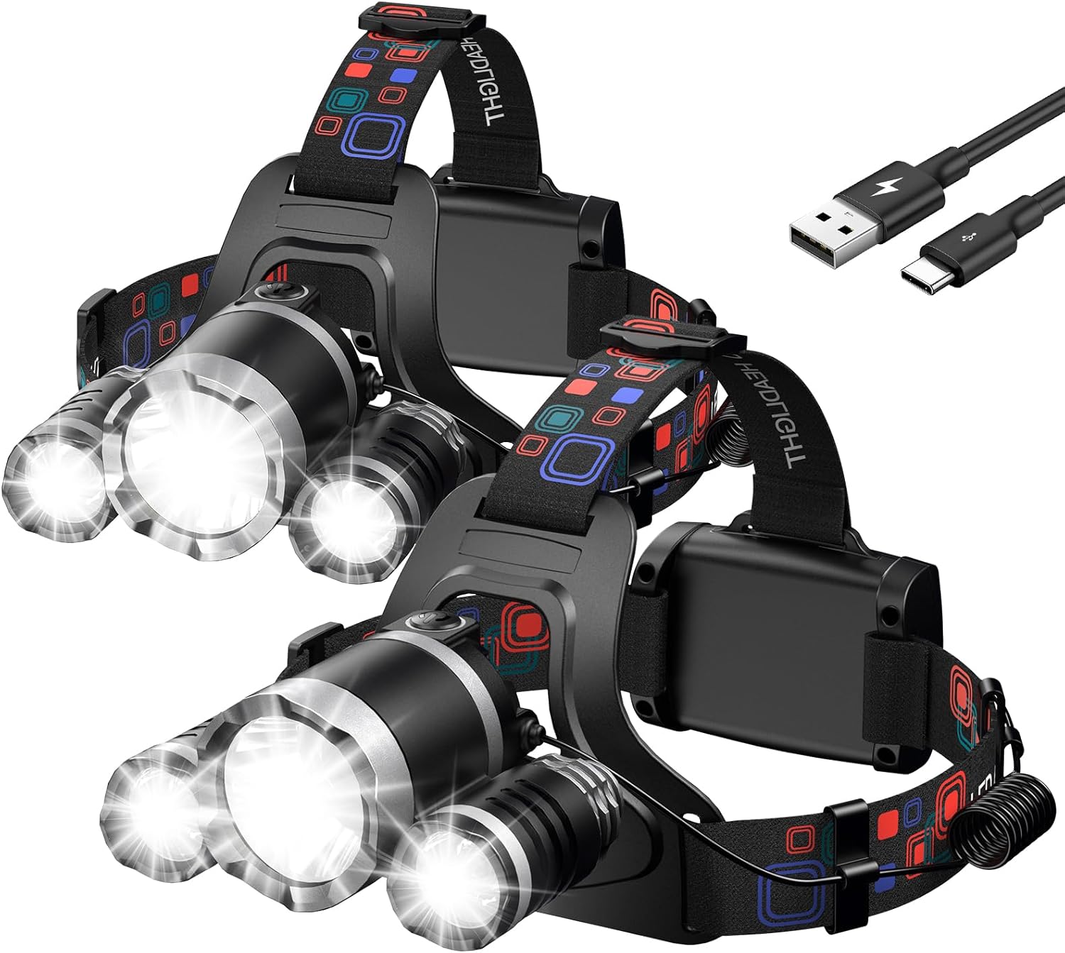 WdtPro Dual Rechargeable Headlamp with 3 Modes and 90 Adjustment