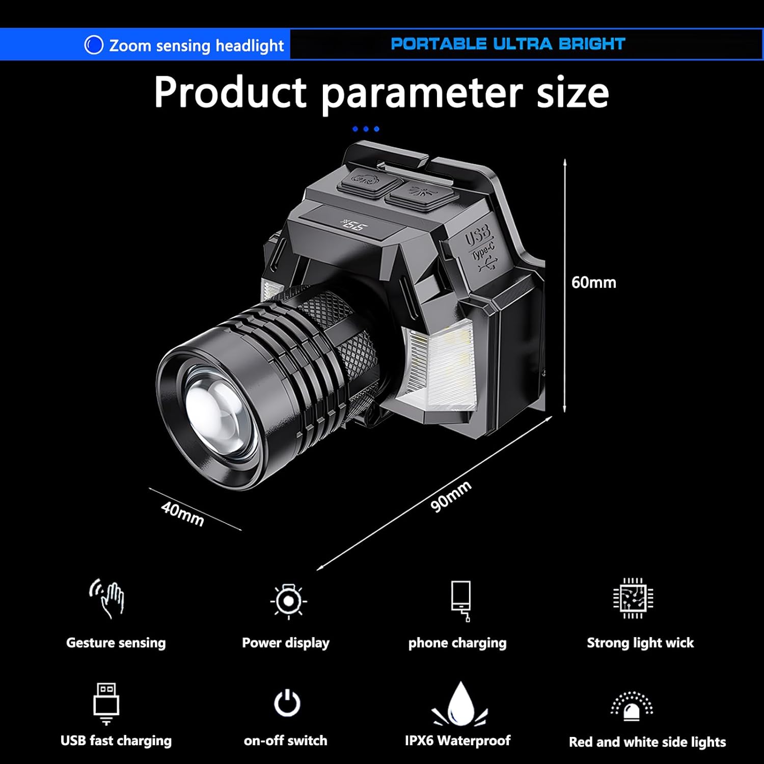 100000 Lumen Rechargeable Headlamp with Adjustable 90 Waterproof