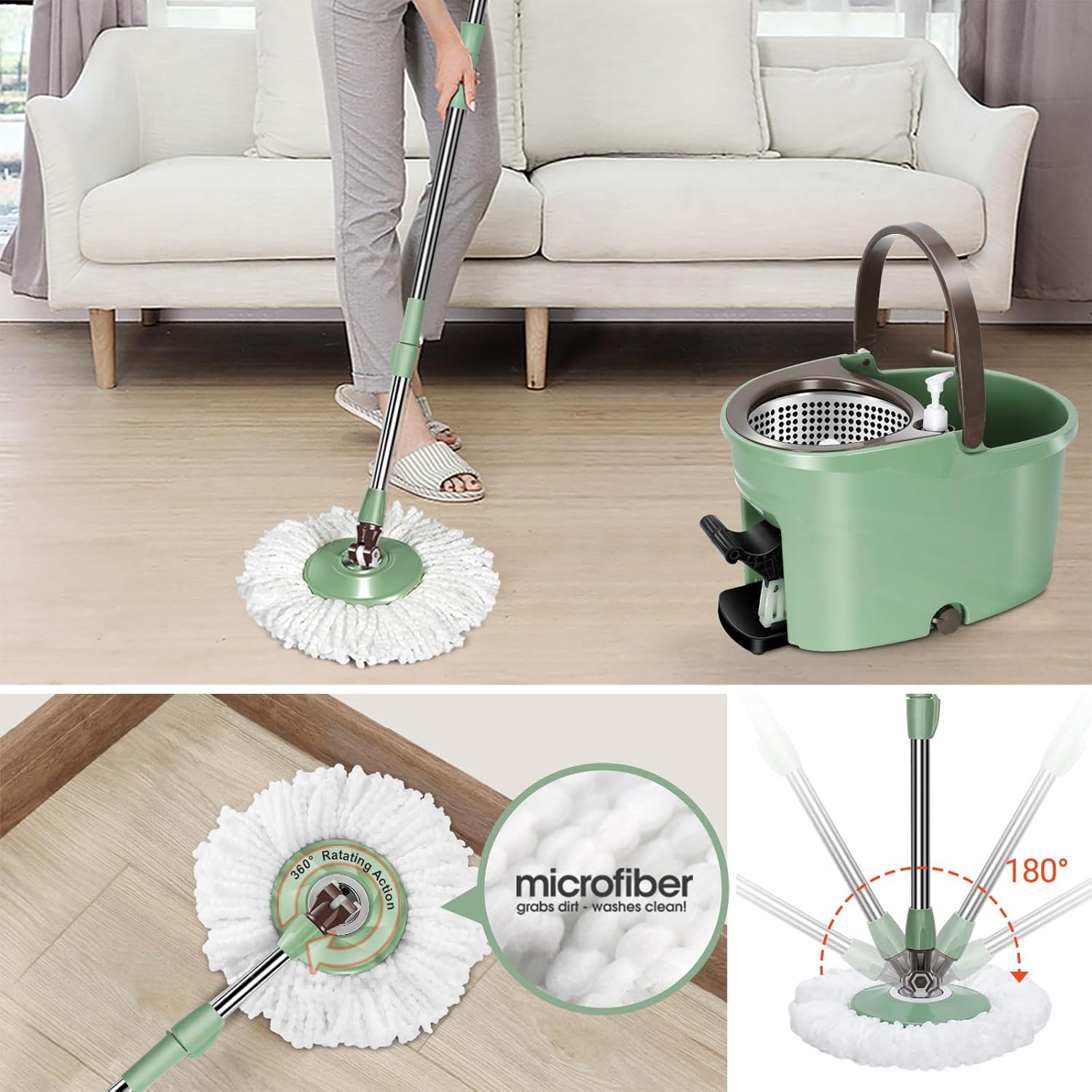 MASTERTOP Spin Mop and Bucket Set for Home - Wet Dry Mopping System