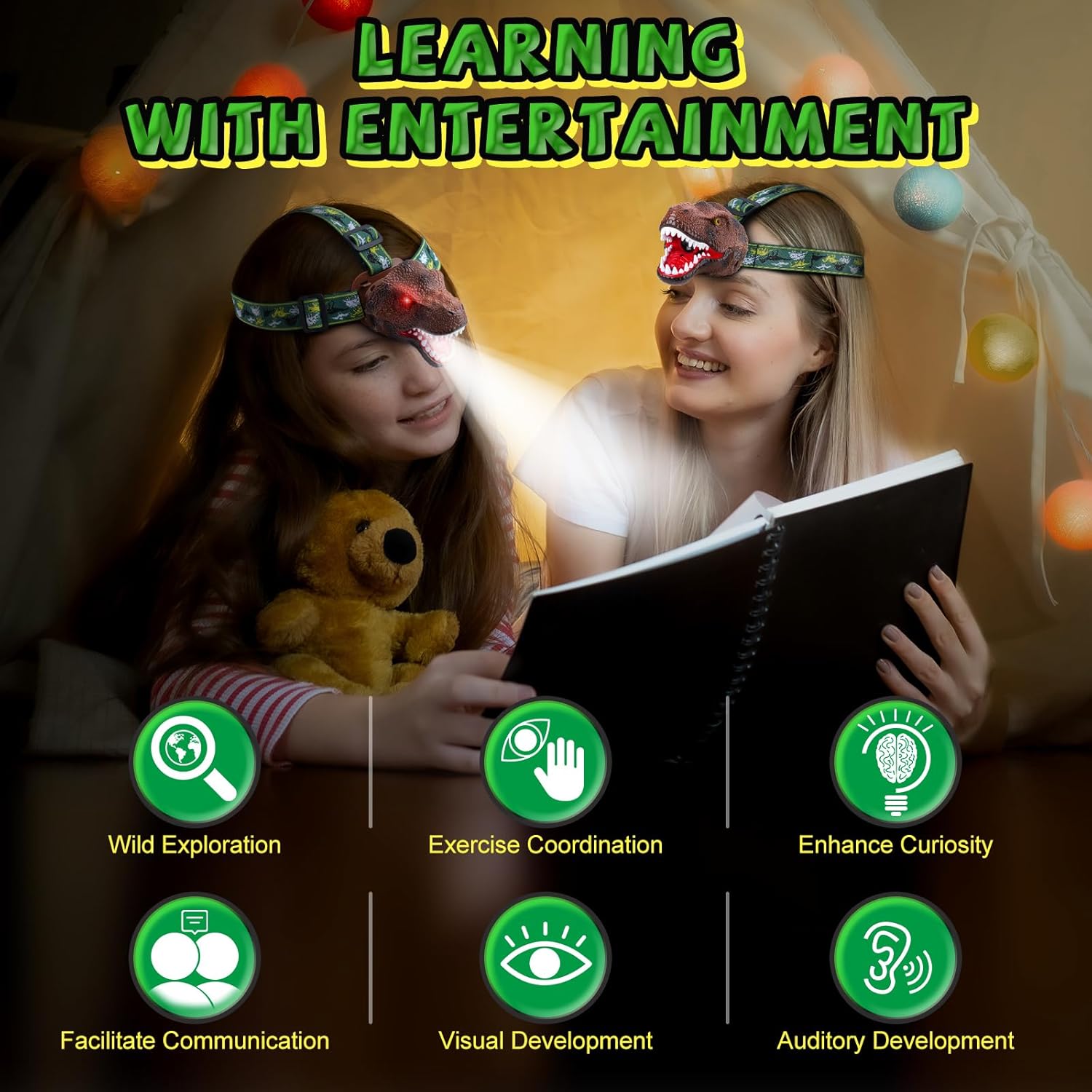 Dinosaur Headlamp 2-in-1 Rechargeable LED Lights Dinosaur Sound for Kids