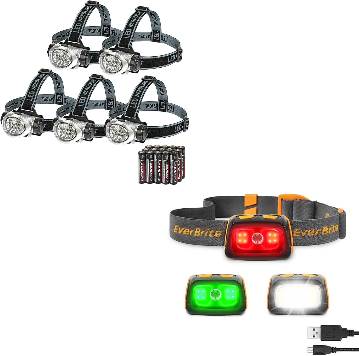 Strobe Rechargeable 5-Pack LED Headlamp with RedGreen Light for Campers Hikers
