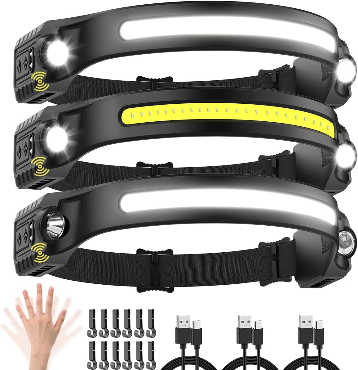 UUYEE 3 Pack Rechargeable Headlamps with Motion Sensor and 5 Modes
