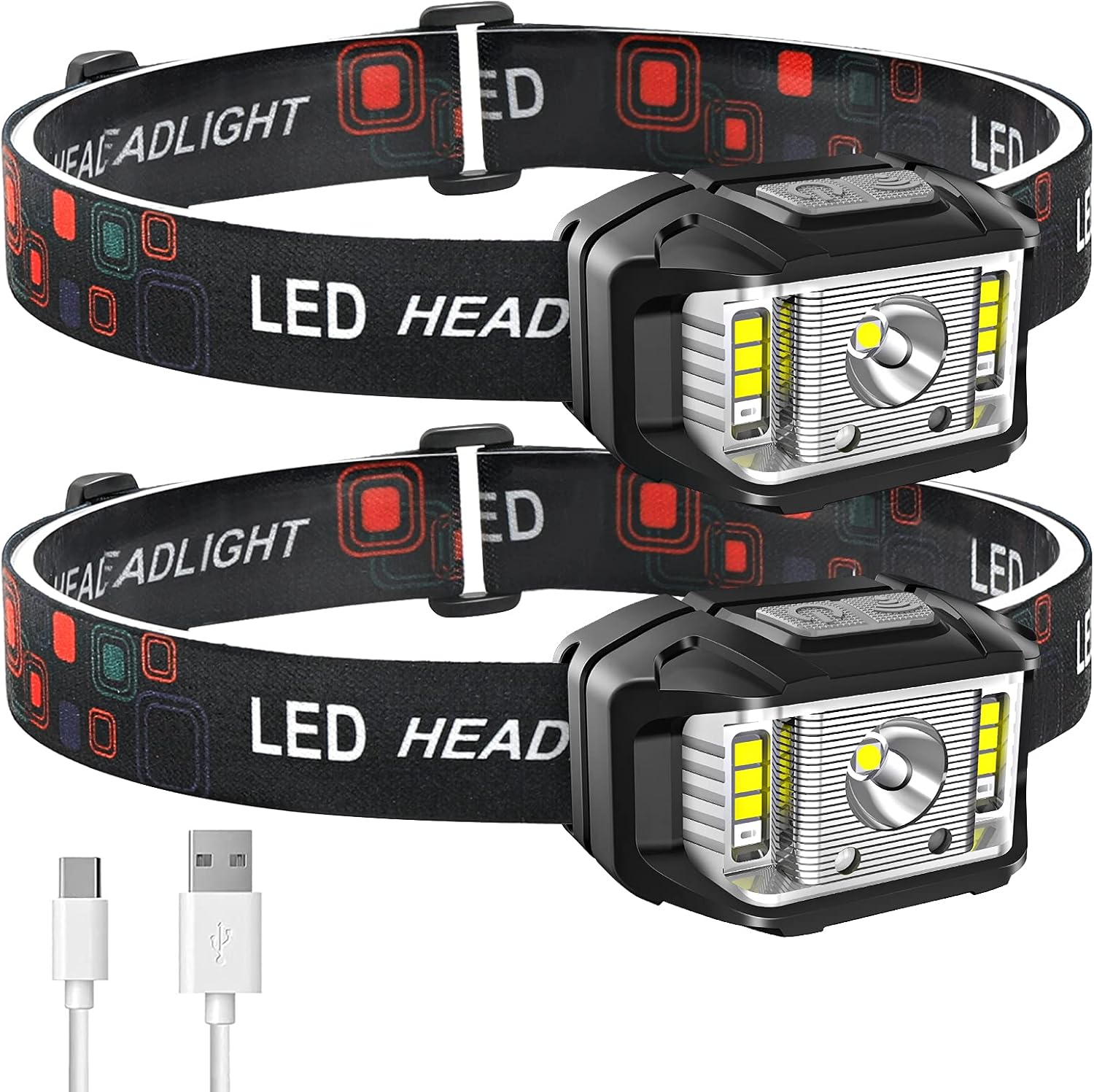JNDFOFC Rechargeable Headlamp 1200 Lumen Super Bright Motion Sensor Headlamp 2-Pack