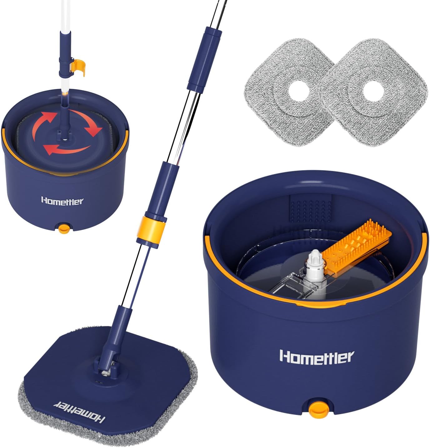 HoMettler Spin Mop Bucket Set with 2 Microfiber Pads and Self Wringing System