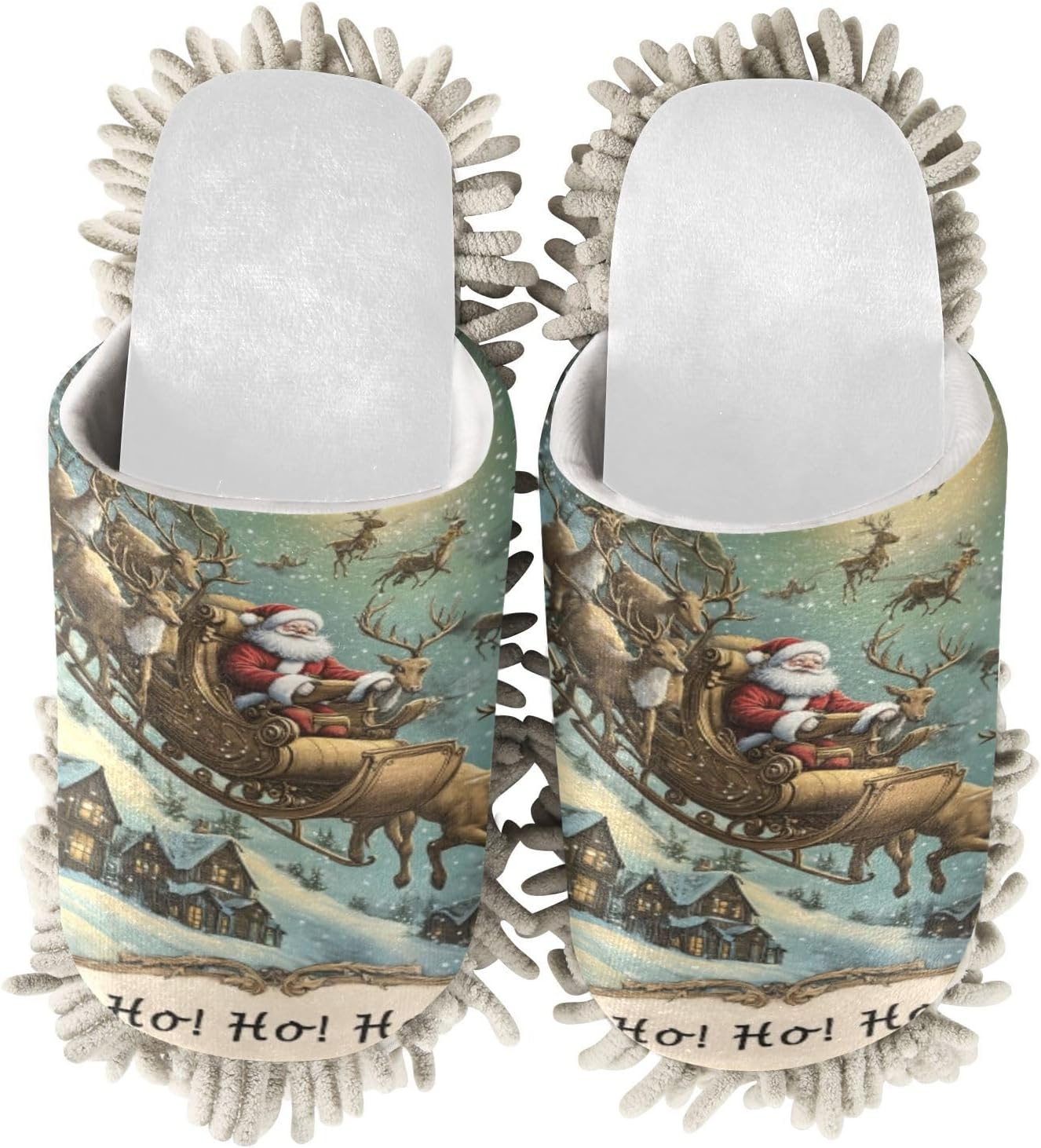 Merry Christmas Fun Cozy Santa Slippers for Wood Floor Dusting