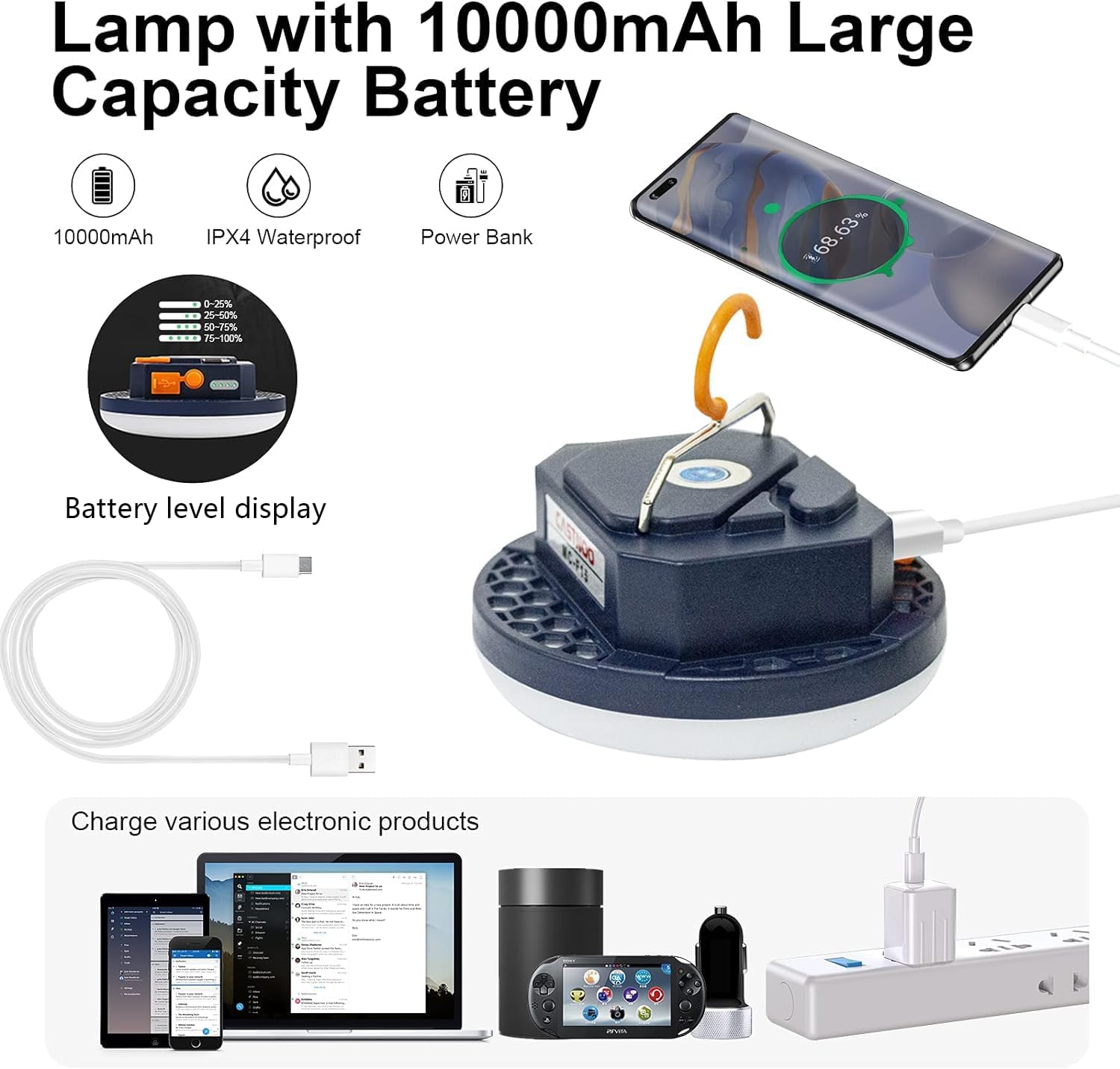 10000mAh 4000LM Portable LED camping lantern waterproof rechargeable for emergency use