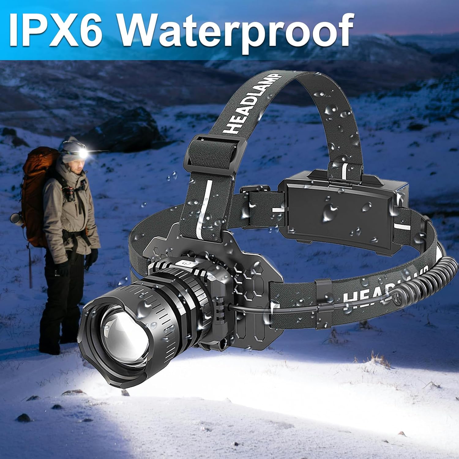 Vivid Red Rechargeable Headlamp for Camping Hiking 9 Lighting Modes Waterproof
