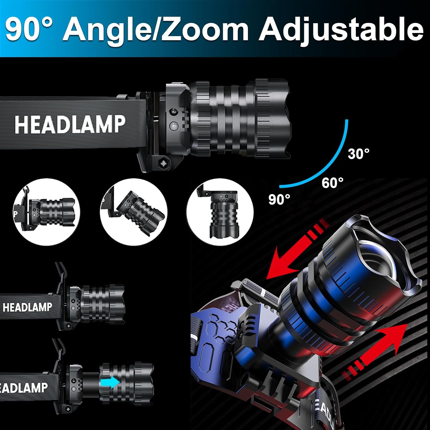 Vivid Red Rechargeable Headlamp for Camping Hiking 9 Lighting Modes Waterproof