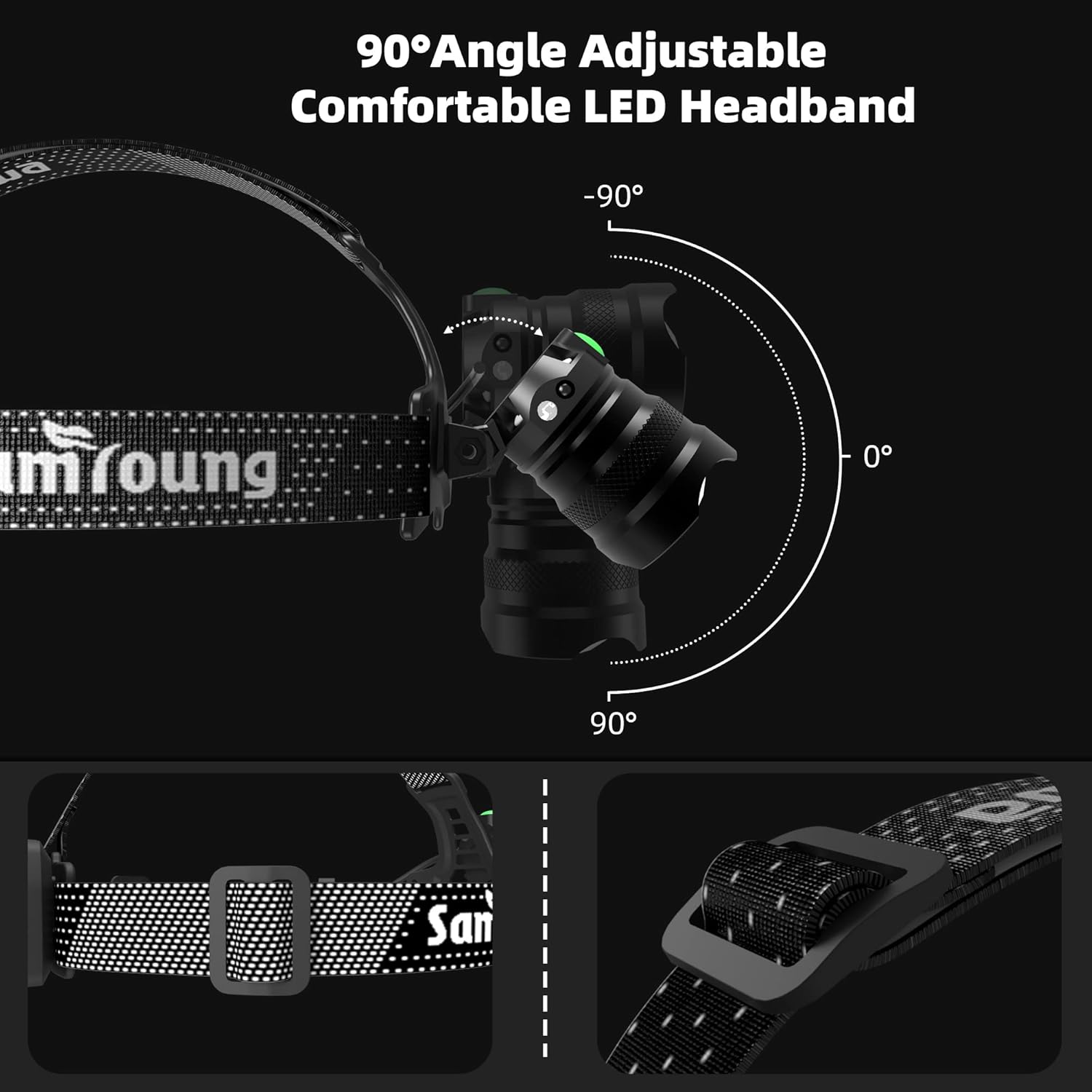 100000 LM LED Headlamp 7 Modes IP67 Waterproof 50h Battery Life 90 Adjustable