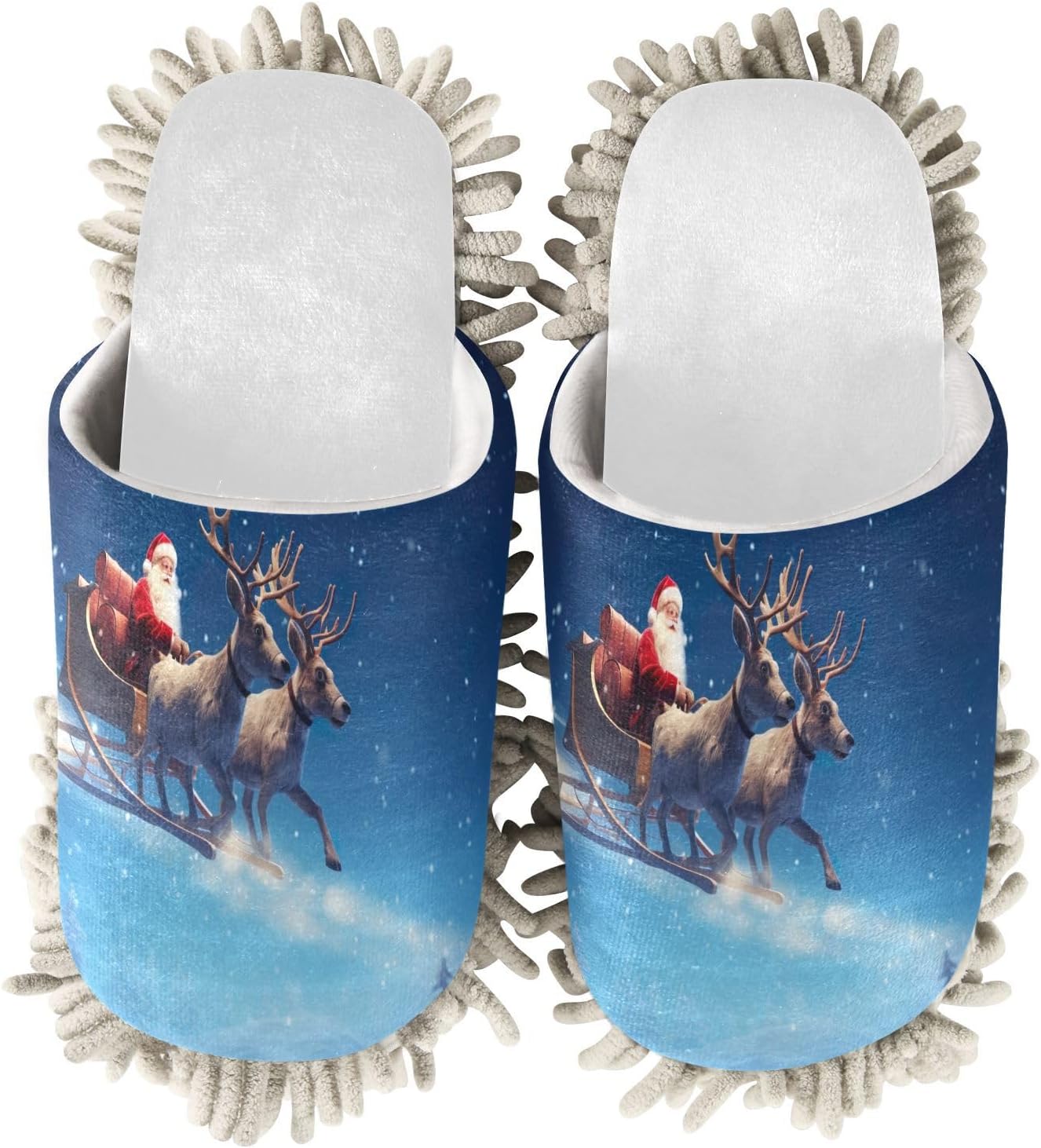 White Christmas Santa Sleigh Elks Mop Slippers 1