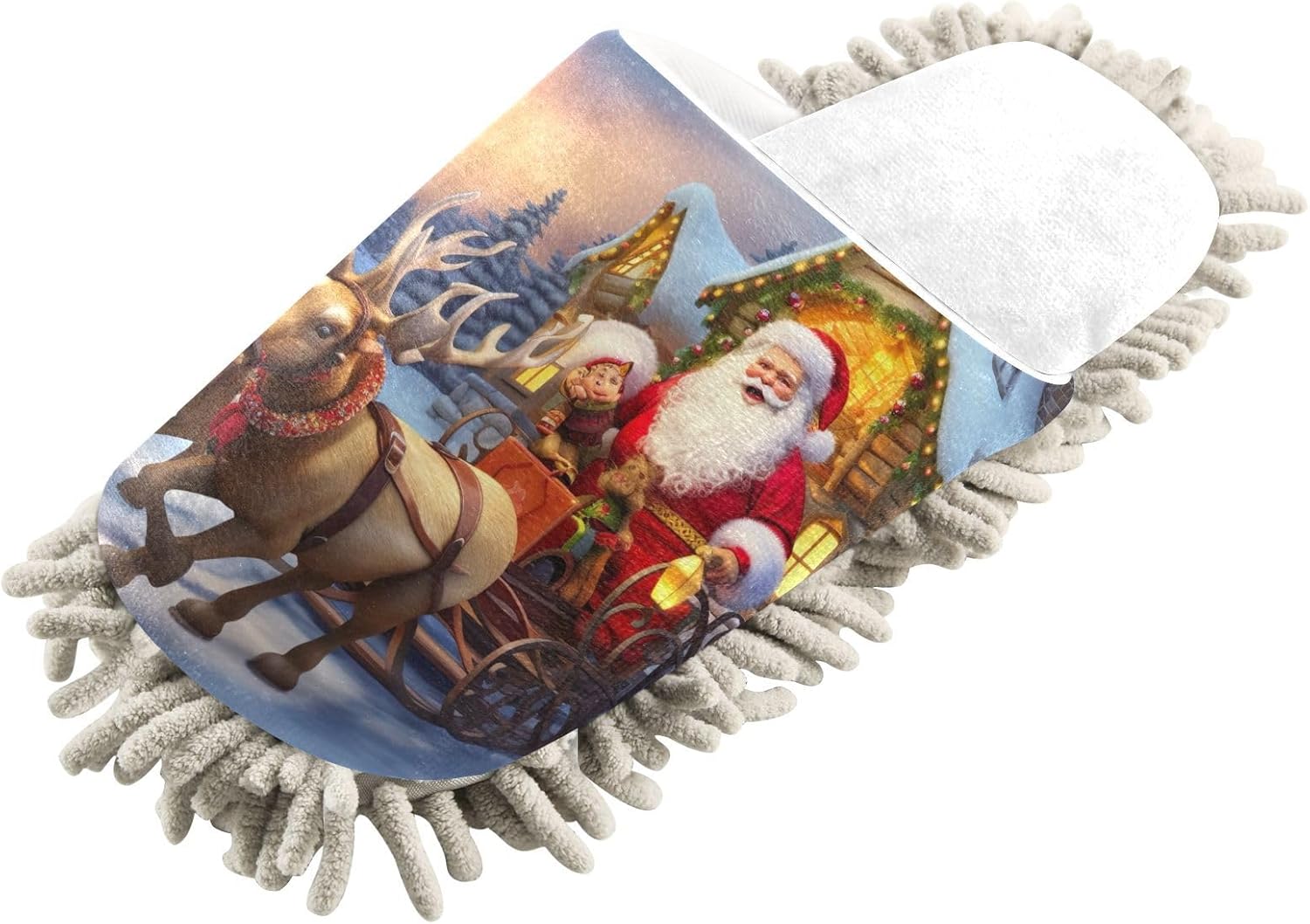 White Christmas Santa Riding Reindeers Mop Slippers for Home Kitchen