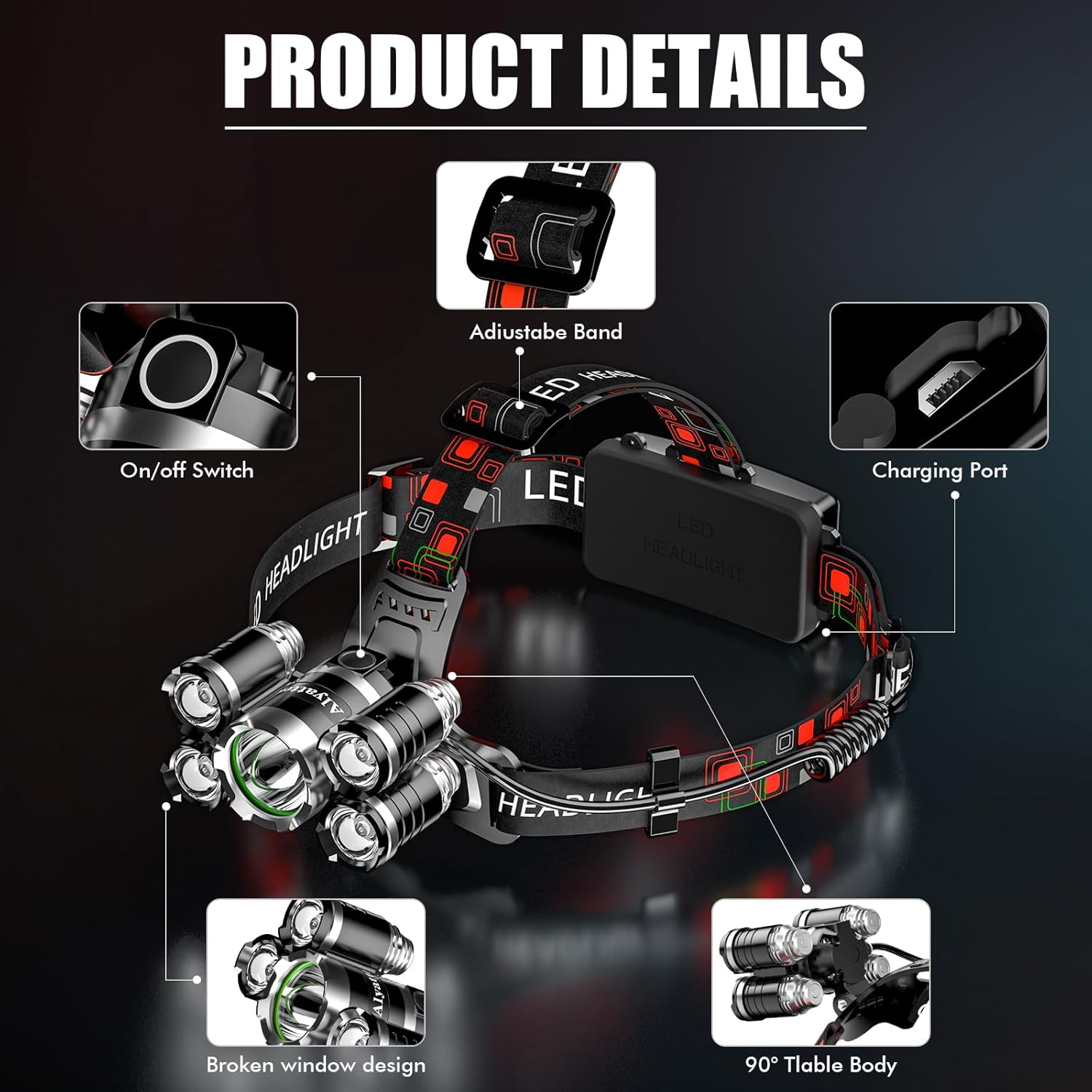 Small Aluminum Headlamp Rechargeable LED Waterproof 12000 Lumens