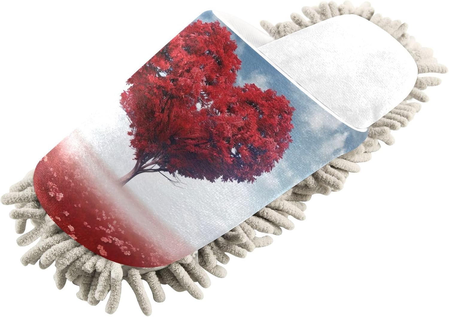 White Valentines Red Heart Tree Mop Slippers