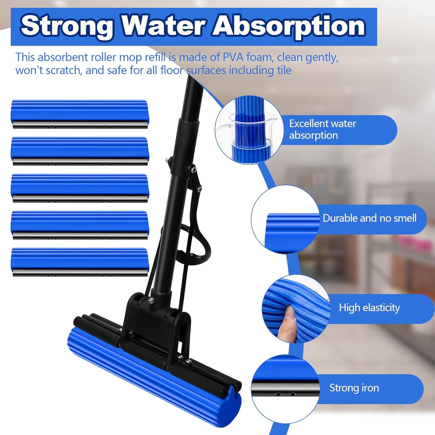 10 Pcs Blue Sponge Roller Mop Refill Heads