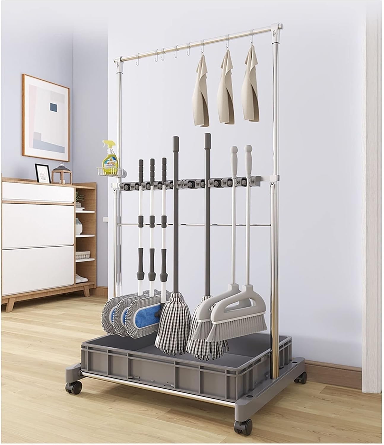Stainless Steel Movable Commercial Mop Rack with Pulley Durable House Cleaning Tool