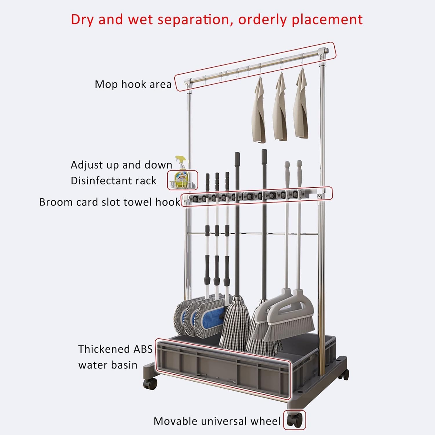 Stainless Steel Movable Commercial Mop Rack with Pulley Durable House Cleaning Tool