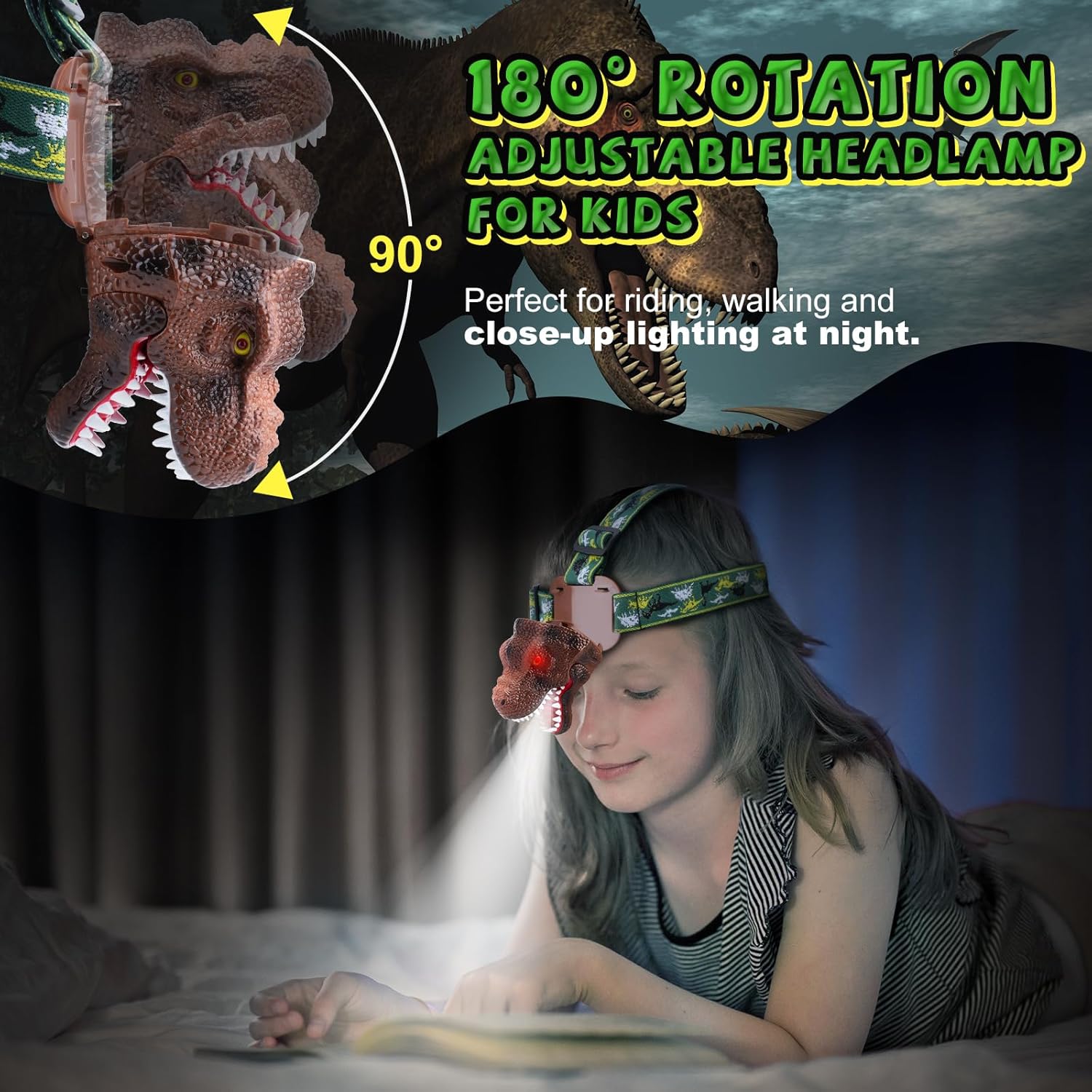 Dinosaur Headlamp 2-in-1 Rechargeable LED Lights Dinosaur Sound for Kids